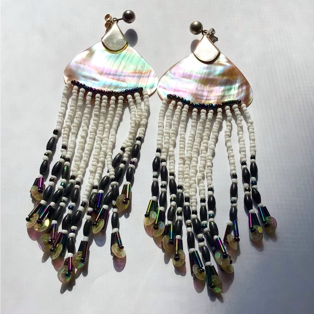 Mother of Pearl Dangle Earrings Sequin Beaded Fan